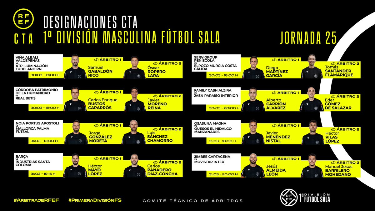 ⚖️ ÁRBITROS | 
  
👇 Estos son los colegiados designados para la jornada 2️⃣5️⃣ en #PrimeraDivisiónFS.

#ArbitrajeRFEF