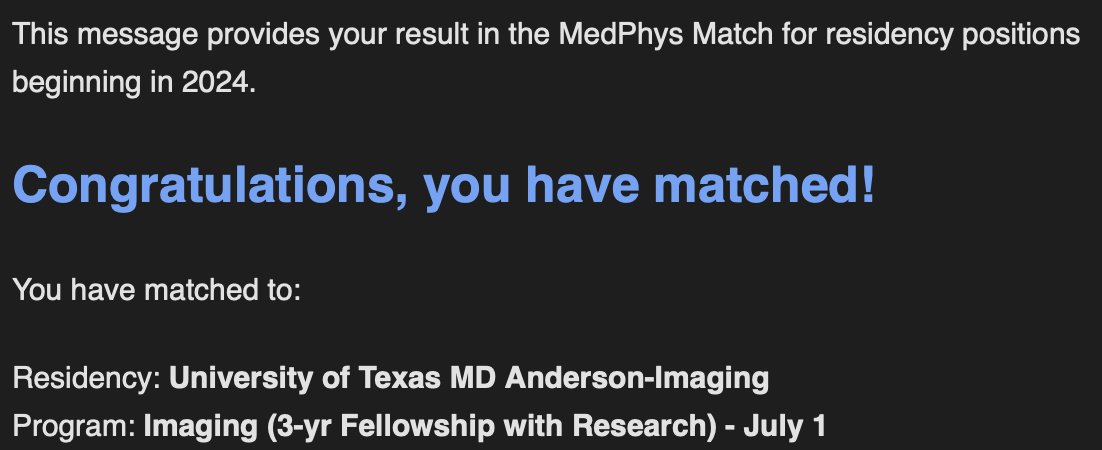 The wait time is over, and I am returning home to Texas!🎊#MedPhysMATCH #imaging. I am beyond excited to have matched at <a href="/MDAndersonNews/">MD Anderson Cancer Center</a>😁