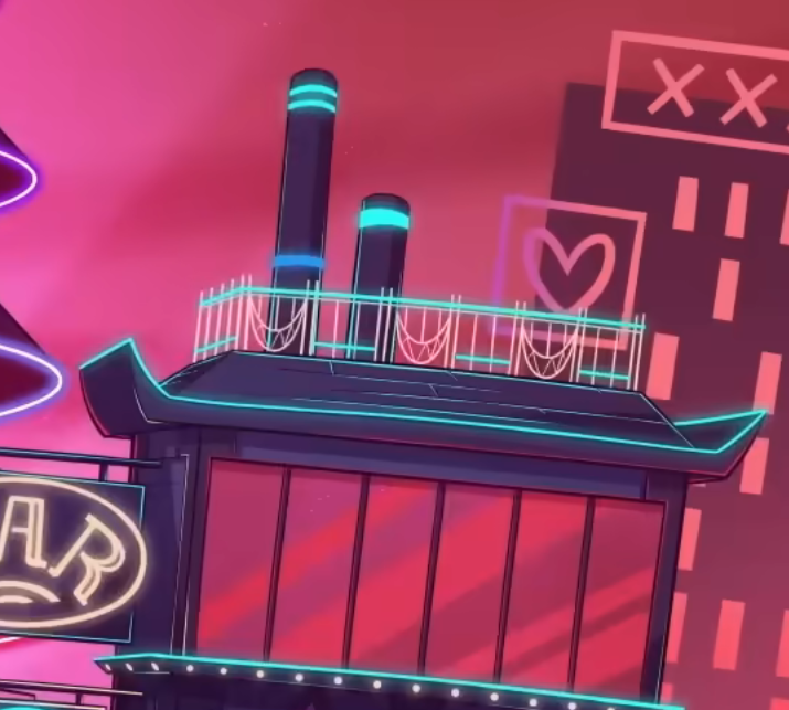 I know this is totally overthinking, but I personally like to think that this building on the right might be the relic of Vox and Alastor's former friendship? The smile design of the railing on the roof, the A-shaped entrance and the bar on the top floor.+