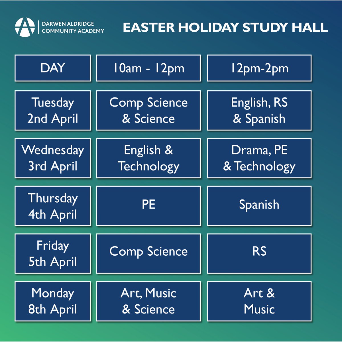 Our Year 11 Study Hall is back for the Easter holidays! 🌟 Don't miss out on this opportunity to brush up on your subjects and prep for exams. 📅 Check out the timetable for dates, times, and sessions. Let's make this Easter break count! 📝 #EasterStudyHall