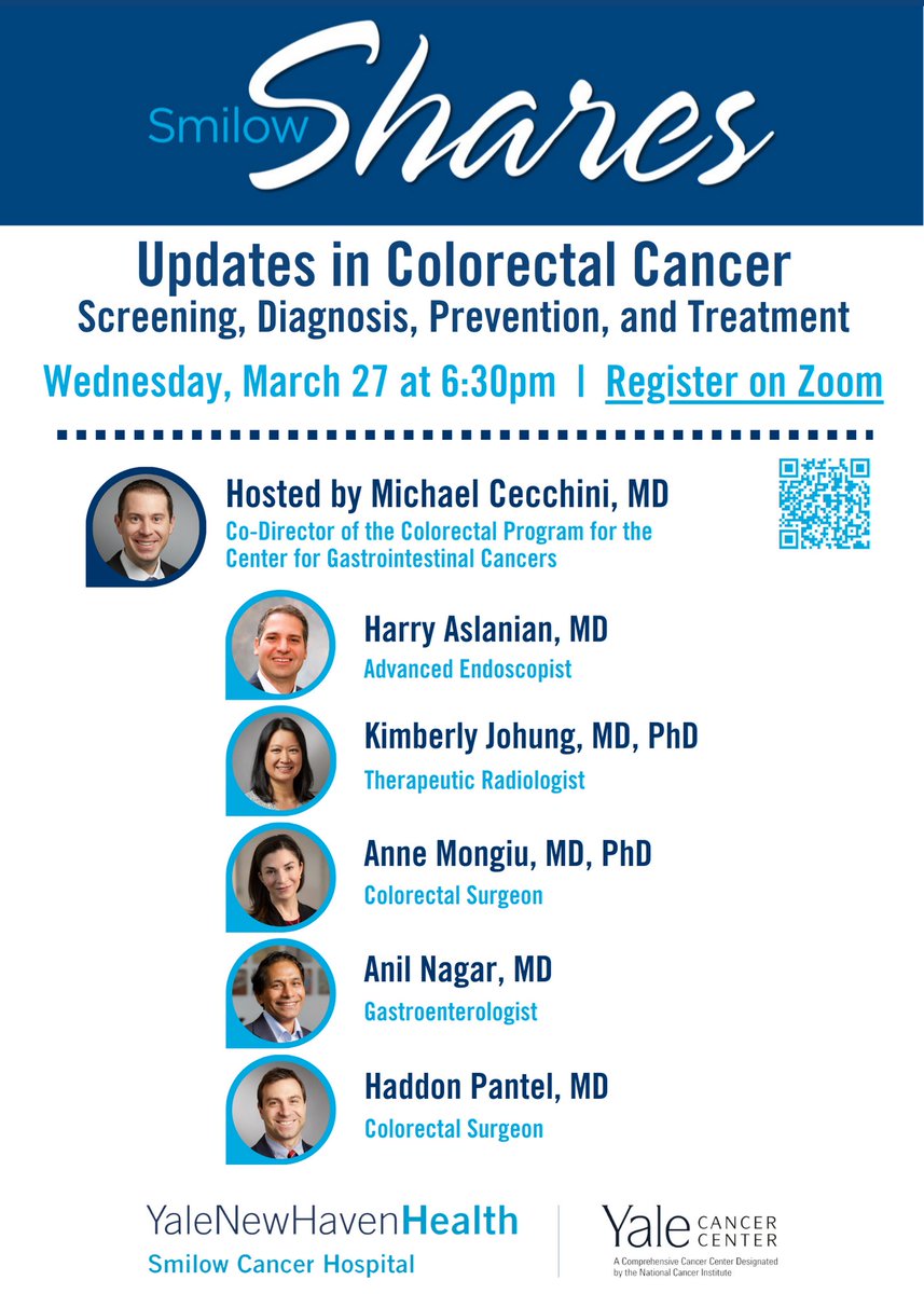 Tonight at 6:30pm ET! ⬇️
Register to hear our @YaleGICancers experts present a free #colorectalcancer webinar 
➡️RSVP bit.ly/3IDeKAO

#coloncancer #crc #colorectalcancerawareness
#CRCawareness #hereditaryGIcancer #gicancers #youngcrc #GITwitter #CRC_Facts #colonoscopy…