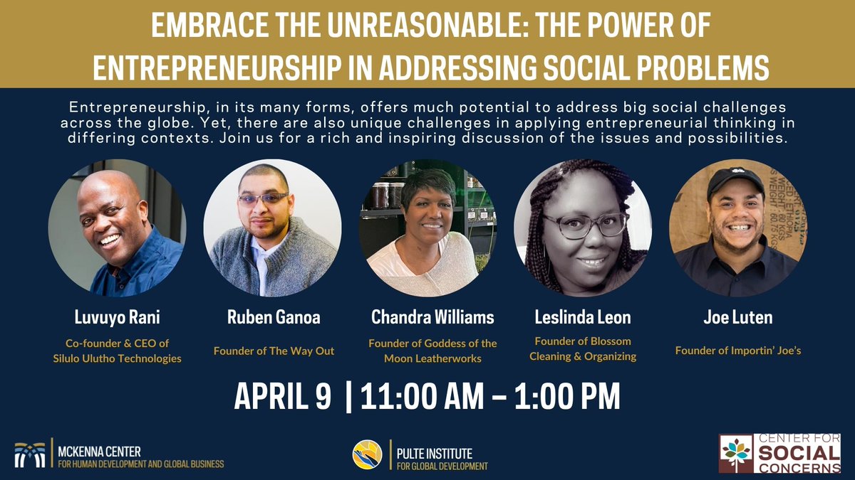 Join us for Social Entrepreneurship and Innovation Minor Day on April 9 from 11 AM-1 PM. 

Register for this event at go.nd.edu/SocialEntrepre…. <a href="/KeoughGlobalND/">Keough School of Global Affairs</a> #SouthBend #Entrepreneurship
