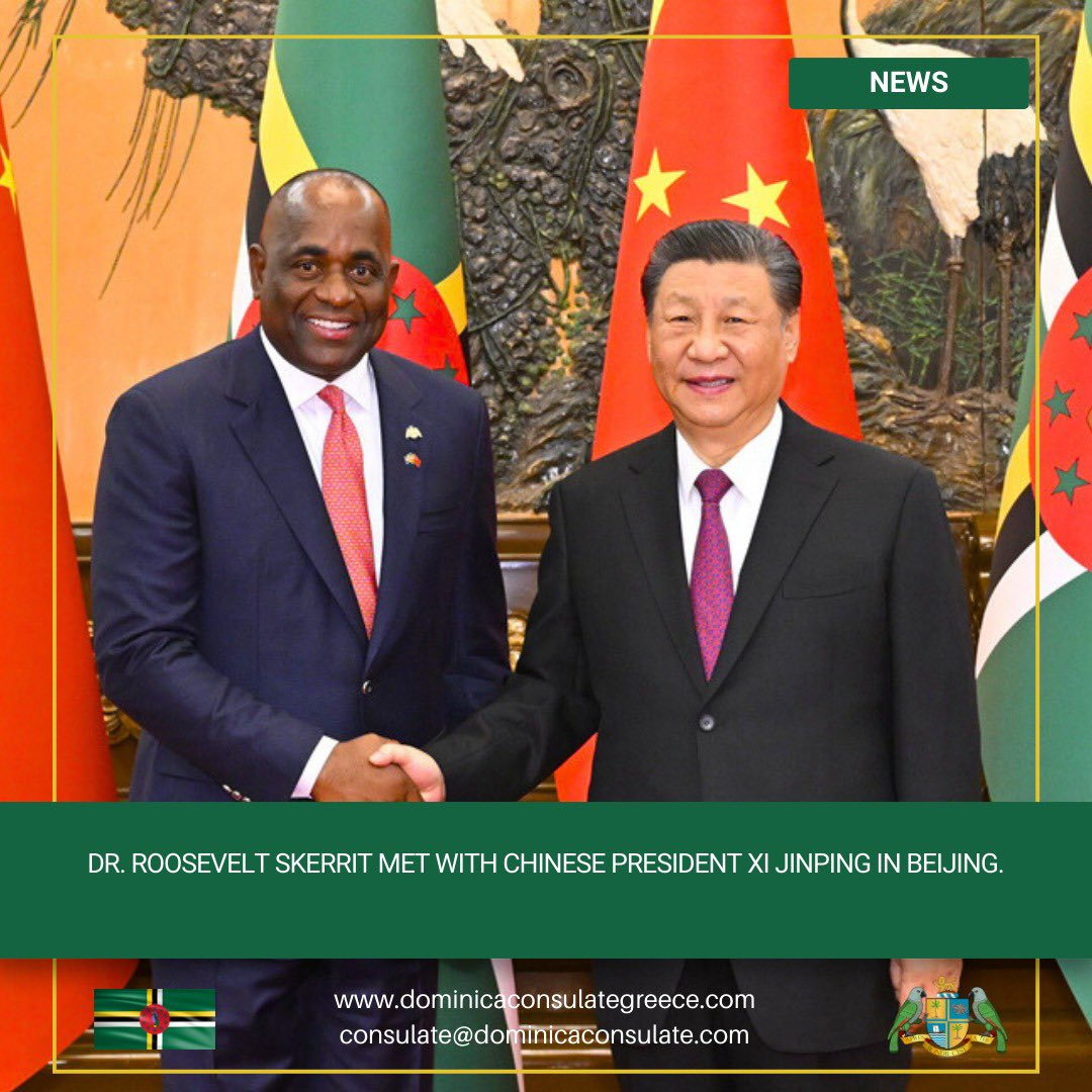 #RooseveltSkerrit met with #Chinese #President #XiJinping in #Beijing on Monday 25.03. They discussed the long-standing #relationship and pledged #commitment to deepening the friendship between #Dominica and #China through vigorous exchanges and further #cooperation. #diplomacy
