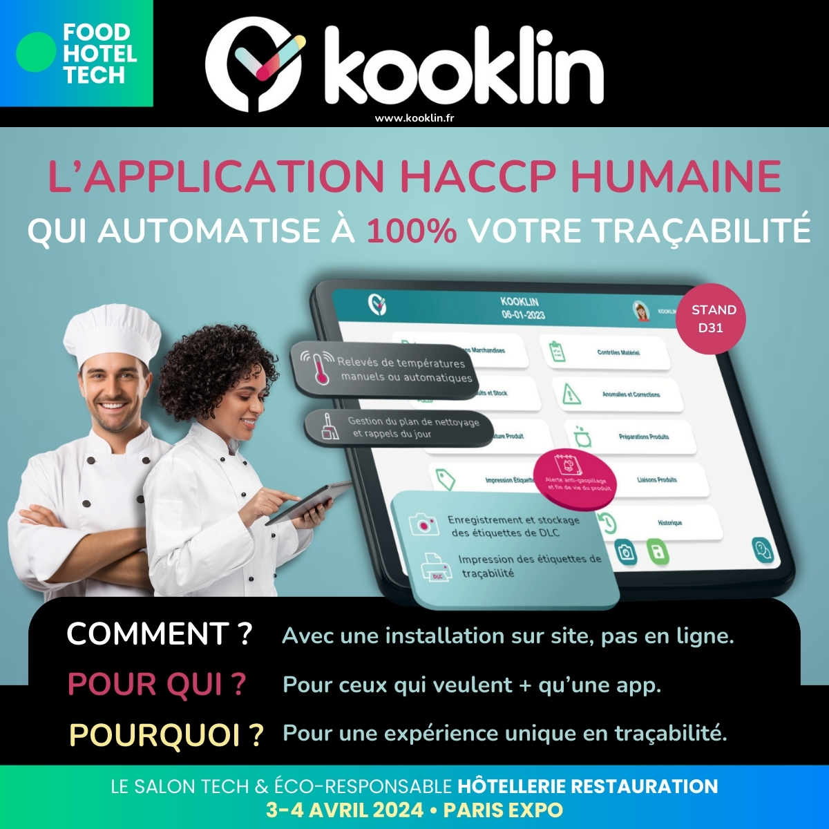 🌟#Hygiène et #enregistrements #HACCP : Travaillez l'esprit tranquille !💥

#Kooklin : l'alliance parfaite entre #expertise humaine et #outilsnumériques pour une gestion simplifiée. 📲

Rencontrez-les au stand D31 du salon @foodhoteltech et sur kooklin.fr