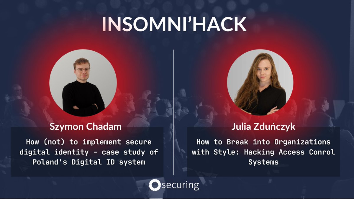 Securing (@securingpl) on Twitter photo Meet us at <a href="/1ns0mn1h4ck/">Insomni'hack</a> in Lausanne on April 22-26!
Szymon Chadam will talk about implementing secure digital identity, and Julia Zduńczyk - about hacking access control systems.
#Insomnihack #itsec #cybersec
insomnihack.ch Meet us at <a href="/1ns0mn1h4ck/">Insomni'hack</a> in Lausanne on April 22-26!
Szymon Chadam will talk about implementing secure digital identity, and Julia Zduńczyk - about hacking access control systems.
#Insomnihack #itsec #cybersec
insomnihack.ch