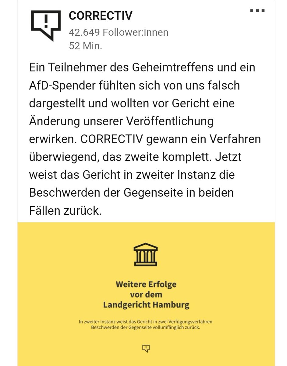 Wo wir wohl nichts zum erneuten Sieg von #Correctiv lesen werden: - Nius - Reitschuster - Junge Freiheit - AfD - Vosgerau + Anwalt - Berliner Zeitung - Apollo News - Weltwoche - Deutschland Kurier ....