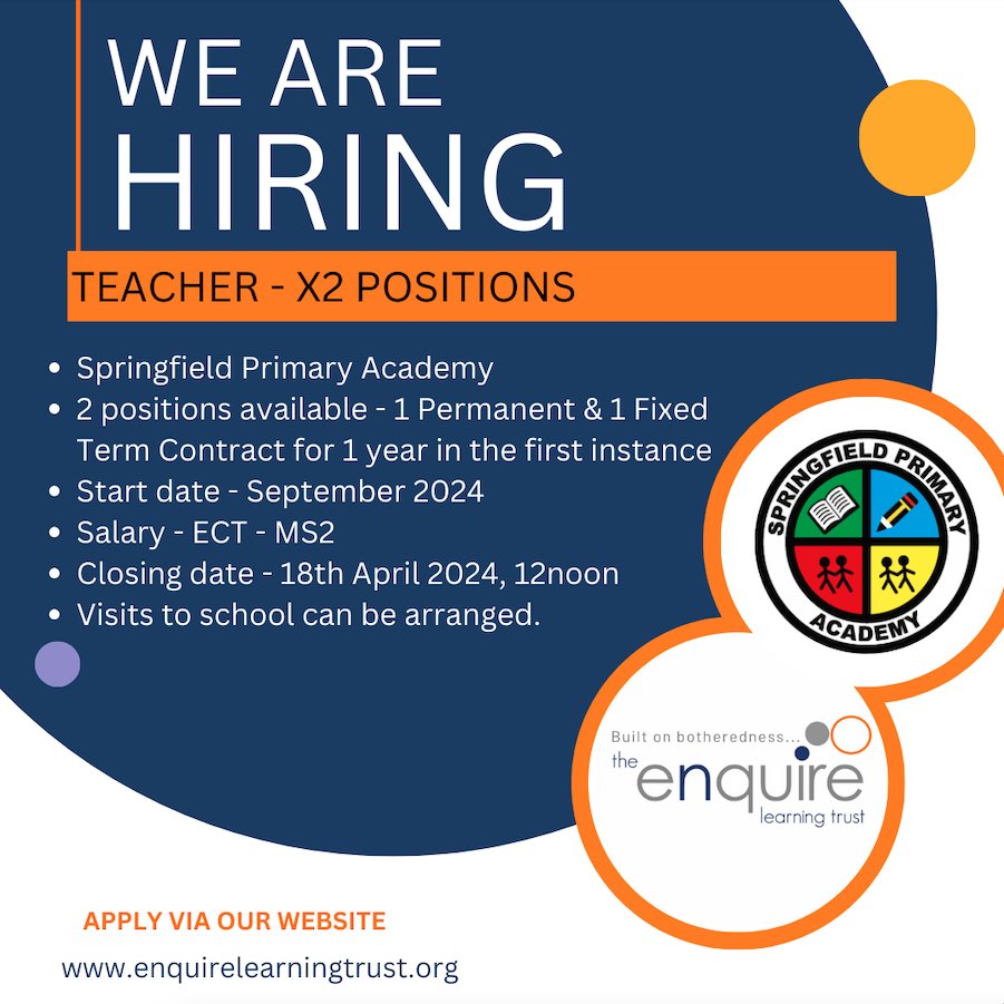 We are looking for 2 Teachers to join The Enquire Learning Trust🧡 Interested? Or know someone who might be? Please share! 🗓18/04/2024, 12noon 📍Springfield Primary Academy Find out more and apply here⬇ enquirelearningtrust.org/job-vacancies/…