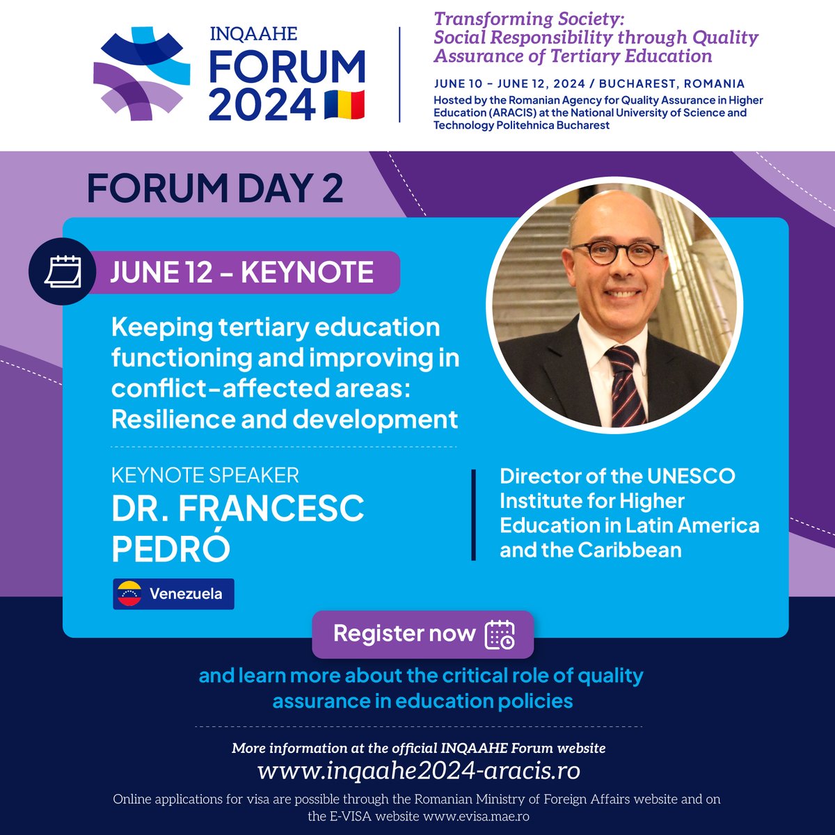 #INQAAHEForum2024: We will be delighted to count on Dr. Francesc Pedró’s keynote address, Director of @unesco_iesalc, on Keeping tertiary education functioning and improving in conflict-affected areas. ➡️ Check all details about his keynote: inqaahe.org/blog/forum-202…