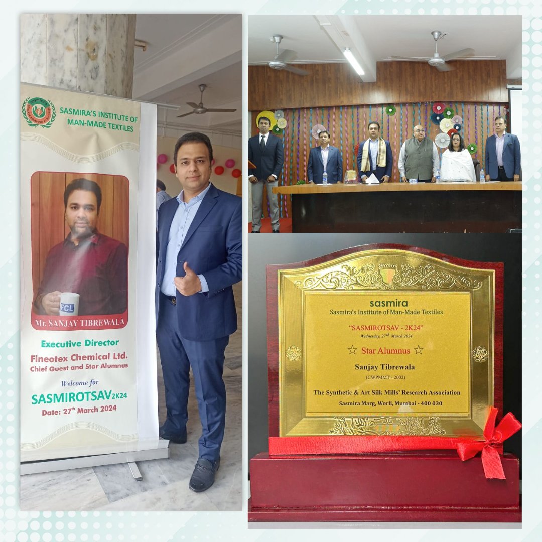 fineotex's tweet photo. We are excited to announce that our Executive Director, Sanjay Tibrewala, was invited to SASMIRA (Synthetic & Art Silk Mills' Research Association) 2024 as the Chief Guest for their prestigious felicitation ceremony SASMIROTSAV 2K24! https://t.co/14WJLLArlO