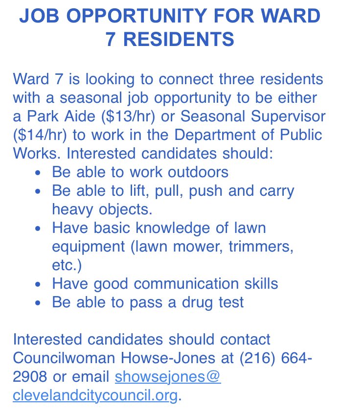 Happy Wednesday Beautiful People.

Do you know of anyone age 18+ looking for employment that lives in Ward 7? Check out the job announcement below and have the interested person contact my office ASAP👇🏾👇🏾👇🏾