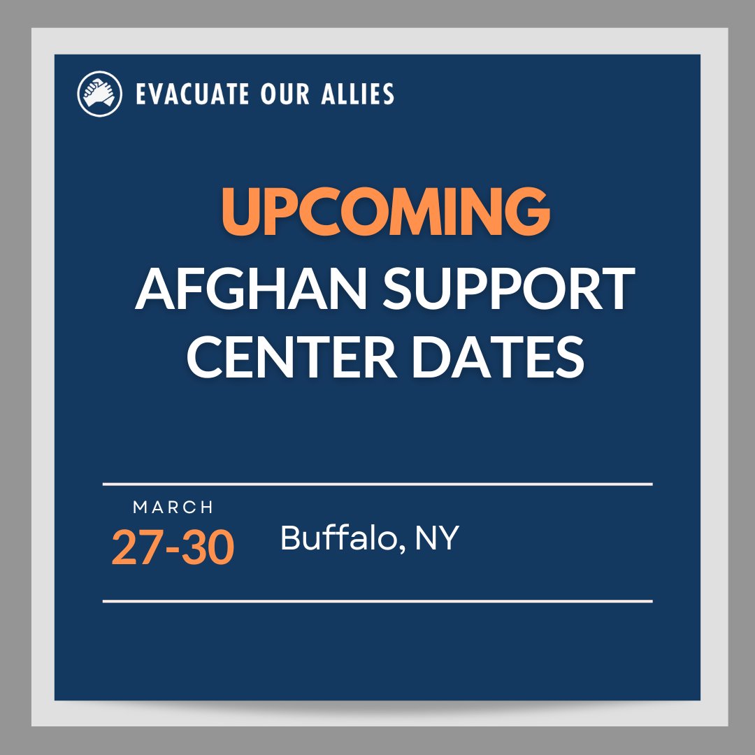 Join us this week in Buffalo, NY for the next @USCIS Afghan Support Center! @EvacOurAllies members have proudly participated in every Support Center across the US, w/free immigration legal consultations and referrals for low/no-cost services. Learn more: centersforafghansupport.org/location/buffa…