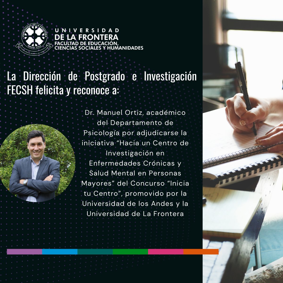 humanidadesufro's tweet photo. 📚📝¡Buenas noticias para el área de investigación de la #FECSH !
El académico del Departamento de Psicología #UFRO, Dr. Manuel Ortiz, se adjudicó la iniciativa “Hacia un Centro de Investigación en Enfermedades Crónicas y Salud Mental en Personas Mayores”. https://t.co/a1NPxvw74I