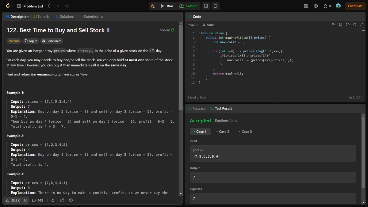 #100DaysOfCode 
#DAY36

Solved the following sum:
1. Best Time to Buy and Sell Stock II

#100daysofcodechallenge #java #DSA #Connect