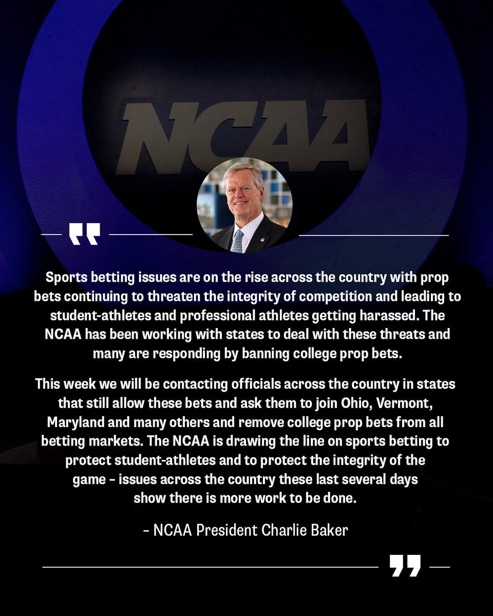 PlayerOdds's tweet photo. NCAA seeking country-wide ban of college player prop bets. #PlayerOdds https://t.co/R6litPVKxp