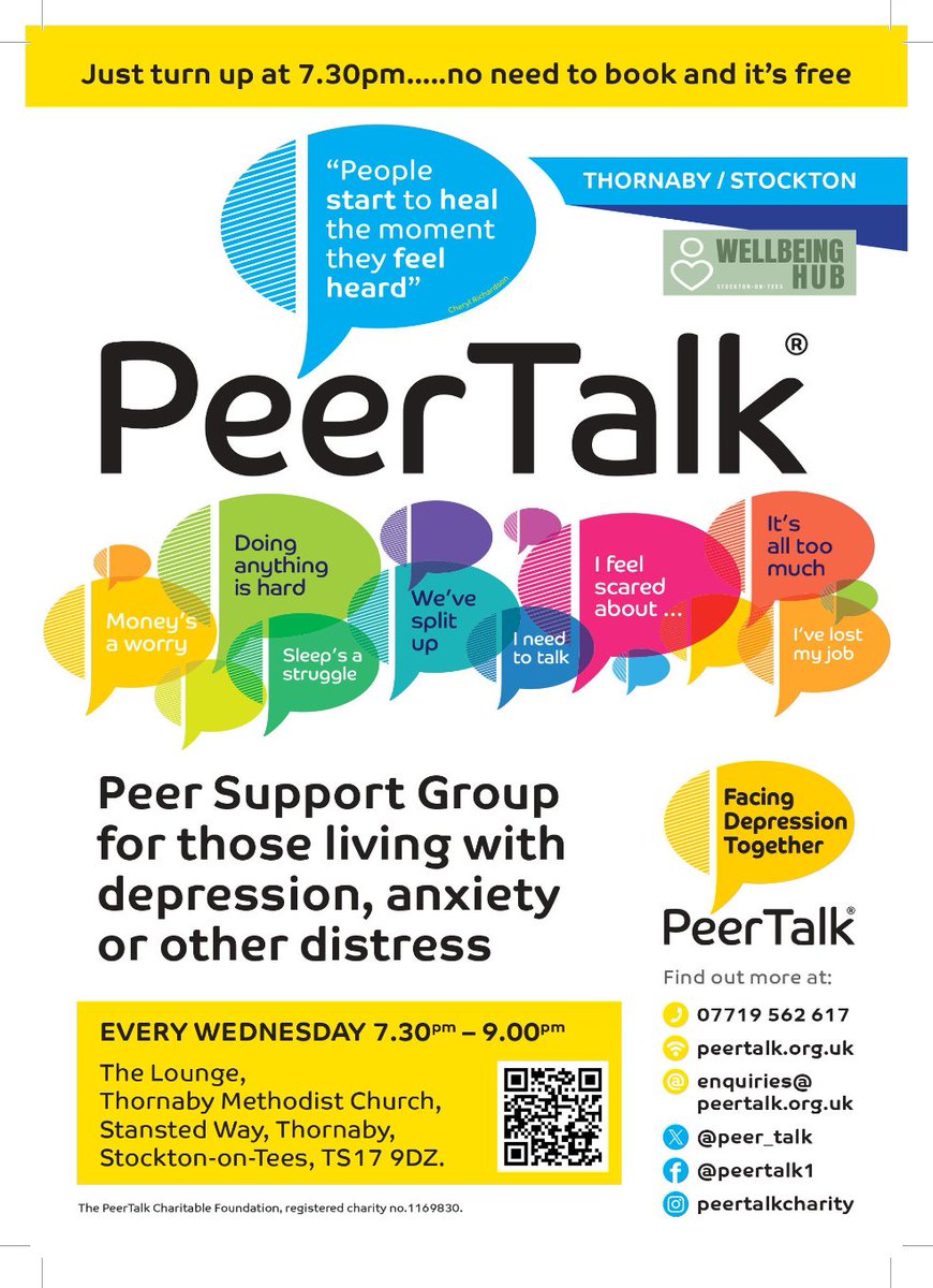 Our Thornaby support group is meeting this evening. It's a free, friendly and confidential space for anyone over 18 experiencing anxiety, depression and similar distress. Everyone is welcome. 😊🌻 #PeerTalk #Thornaby #Stockton #Supportgroup #anxiety #depression