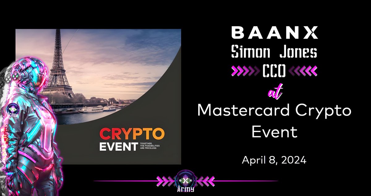 RedevanSteevy's tweet image. Simon Jones, @BaanxGroup's CCO will be attending a @Mastercard event at the Eiffel Tower on April 8, 2024.

The event will feature interesting #Web3 #Crypto personalities, such as Ryan Jones of @MetaMask or @PowerHasheur and will announce great things for #baanx.

#baanxarmy #BXX