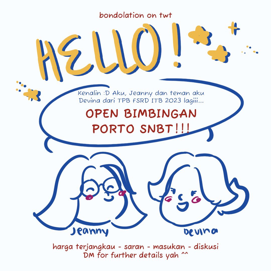 haloo aku sama temen ku buka bimbingan porto (tapi cuma buat 4 orang yhh)

bakal kami bimbing dari ideasi sampe akhir dan ini semua berdasarkan pengetahuan yg kami miliki sekarang yah

semoga membantu, kalau kepo dm ajah 💫

#fsrditb #portofoliosnbp2024 #portofoliosnbt2024