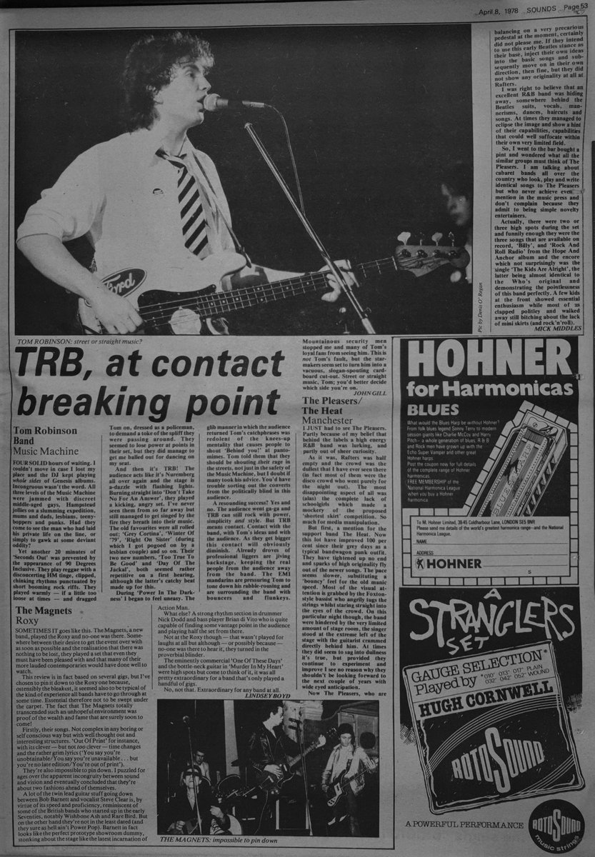 Tom Robinson Band's gig at the Music Machine reviewed by John Gill in Sounds 8th, April 1978. Plus The Pleasers and The Heat in Manchester by Mick Middles. @gladtobegay @freshnet @Mickmiddles