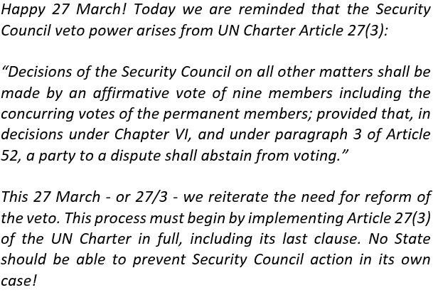 Nemo judex in causa sua! So why should the Security Council differ? Today, 27/3, is a good day to remind ourselves that Article 27 (3) of the UN Charter is valid on any given day and should be implemented.