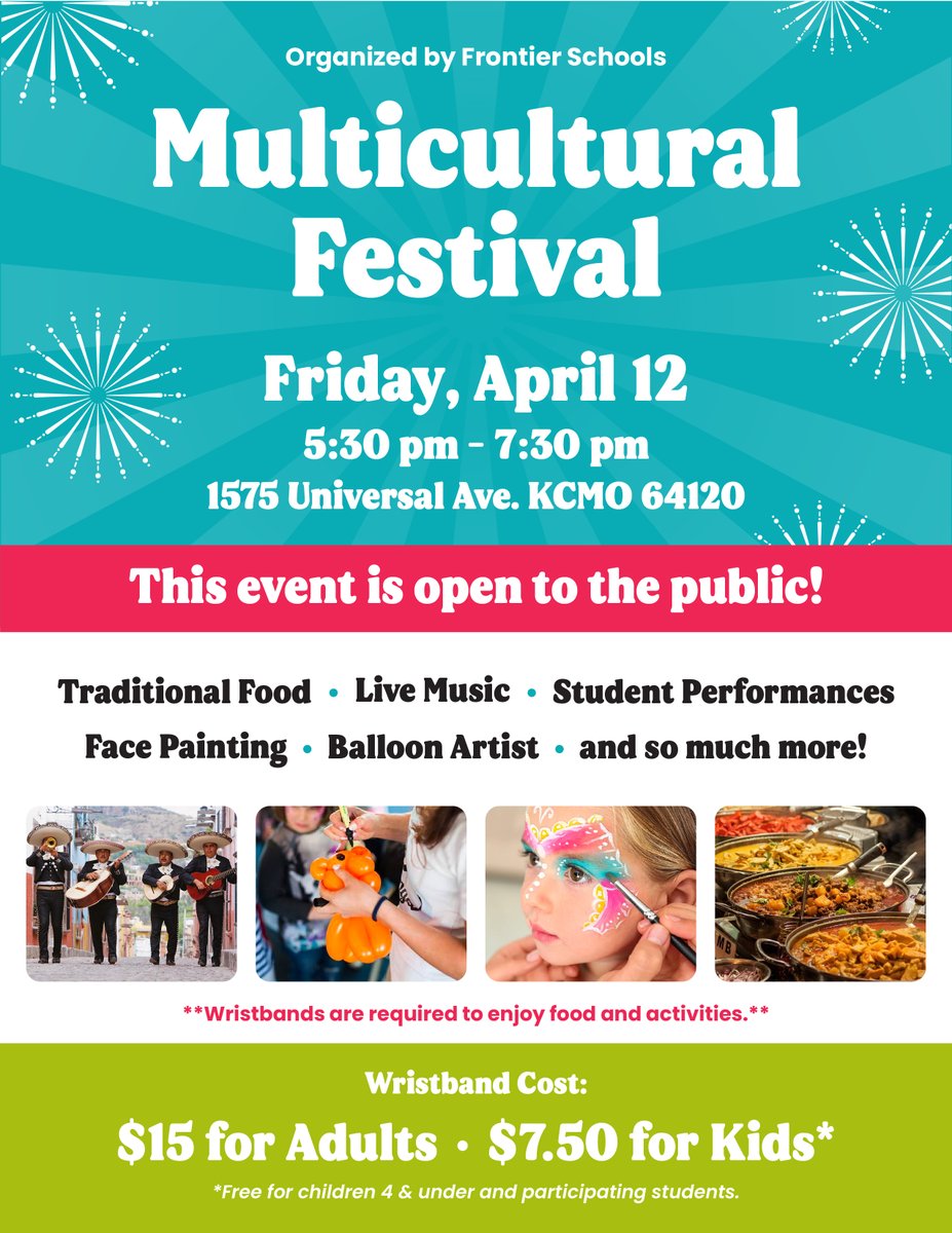 Frontier Family, the #MulticulturalFestival is coming up, and we have added a few fun activities to our event, such as face painting, a balloon artist, and more!  🙌

We hope you'll join us Friday, April 12th as we celebrate the beautiful tapestry of cultures at Frontier! 🌟