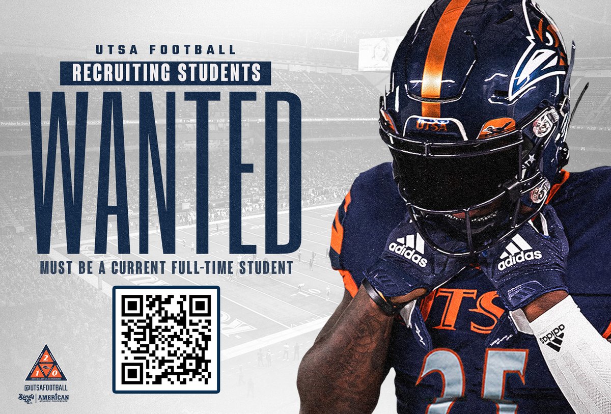 Are you a current, full-time UTSA student interested in working with the Roadrunners football program? Scan/Click the QR code 👇 for details. #210TriangleOfToughness #LetsGo210 | #BirdsUp 🤙