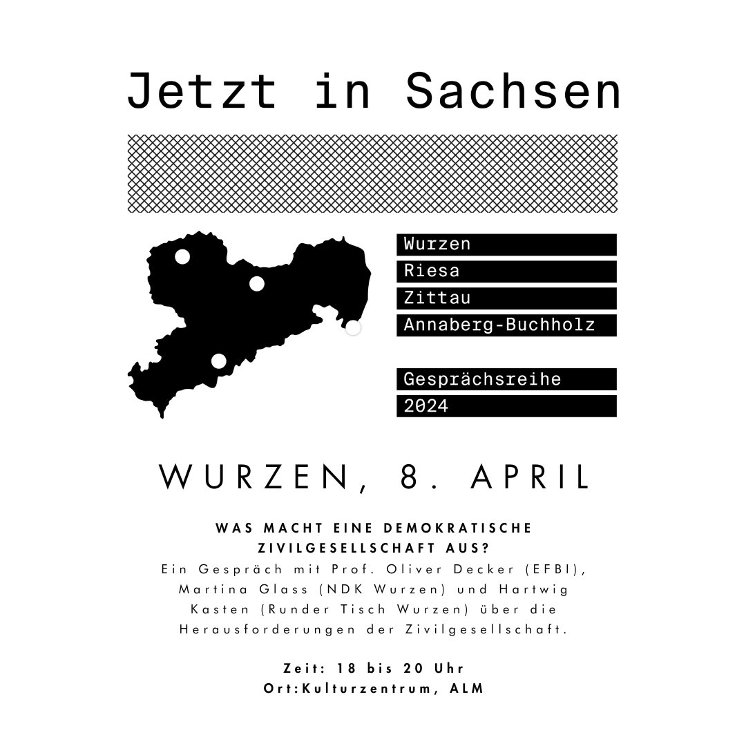 LadenDer's tweet photo. Am 8.4. startet die Gesprächsreihe "Jetzt in Sachsen" im Kulturzentrum ALM in #Wurzen! @EFBI_Sachsen Direktor Prof Dr Oliver Decker spricht mit Hartwig Kasten und Martina Glass über die Herausforderungen der Zivilgesellschaft. 
👉🏼 Info &amp; Anmeldung unter: https://t.co/yMOwGCir4U https://t.co/GAhgNlzNik