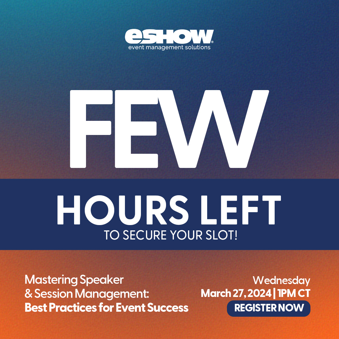 Go_eShow's tweet image. Just a few hours left until we dive into mastering Speaker &amp;amp; Session Management! Reserve your front-row (digital) seat here: bigmarker.com/eshow/Masterin… #eShowExperience #conferencemanagement #eventmanagement #freeeventwebinar
