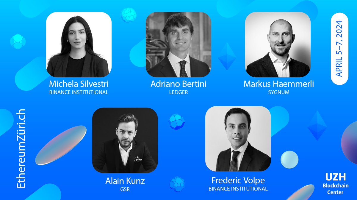 📢 Excited to announce the "From CeFi to DeFi" panel, with <a href="/MichelaSilvestr/">Michela</a> from <a href="/BinanceVIP/">Binance VIP & Institutional</a>, <a href="/KunzAlain/">Alain Kunz</a> from <a href="/GSR_io/">GSR</a>, Adriano from <a href="/ledger_business/">Ledger Enterprise</a>, Markus from <a href="/sygnumofficial/">Sygnum Bank</a>, and Frederic from <a href="/BinanceVIP/">Binance VIP & Institutional</a>!

🗓️ April 5, 2024

⬇️ Grab your ticket! 🎟️
🔗 EthereumZuri.ch