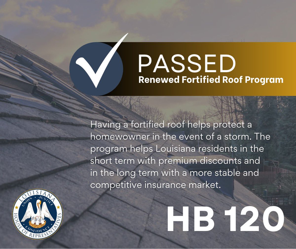 Yesterday we passed HB 120 which would continue and expand the Fortified Roof Program. I was excited to see it pass 88-16, as a true bipartisan benchmark. In all my insurance reform meetings it’s the one thing that everyone agreed on. It will help EVERYONE'S insurance premiums.