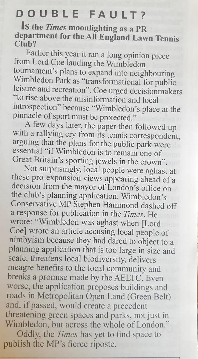Today’s Private Eye Article #DoubleFault When will @thetimes print @S_Hammond full response to @sebcoe article? @WimSoc @BeraSW19 @CPRELondon @MertonLabour @MertonLibDems @MertonGreens @MertonTories @MertonFoE @guardian @Telegraph
