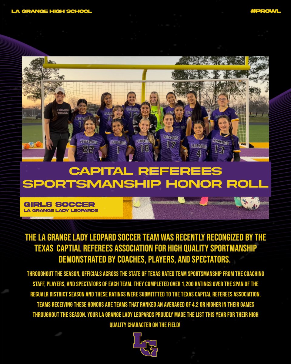 Your La Grange Lady Leopard soccer team recently received some special recognition for high quality sportsmanship on the field and in the stands throughout the season! What an exceptional honor to receive for leopard nation! Read more about it in the photo below! #onthePROWL