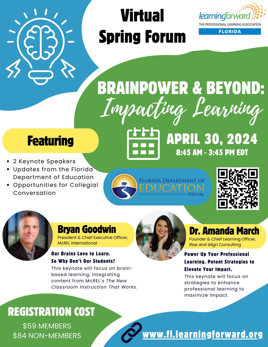 📣 Educators & Professional Learning Leaders everywhere! Learning Forward Florida's Virtual Spring Forum is April 30th!💡Dive into brain-based learning w/ Bryan Goodwin & power up your PL strategies w/Amanda March! buff.ly/2KJeyTt #LFFL24 @bryanrgoodwin @AmandaLMarch