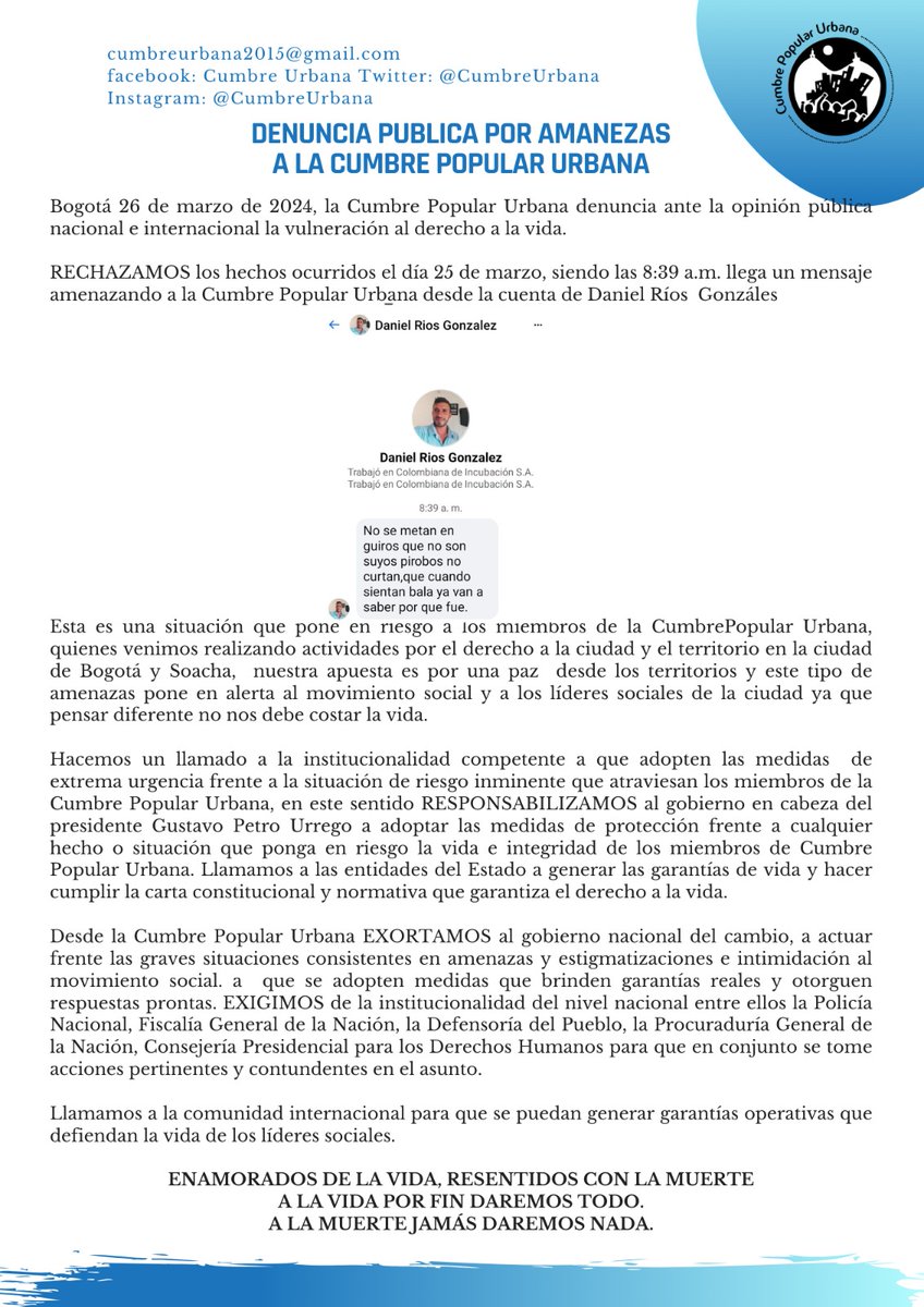 Denuncia pública @petrogustavo @FranciaMarquezM @adebogota @aida_quilcue @AlirioUribeMuoz @anateresabernal @cancinodiegoa @CarlosCarrilloA @carlosecaicedo @DavidRacero @edwinmarulanda @franciscoactiv2 @johanmaruber @gargantapodero @PizarroMariaJo @GustavoBolivar @heidy_up