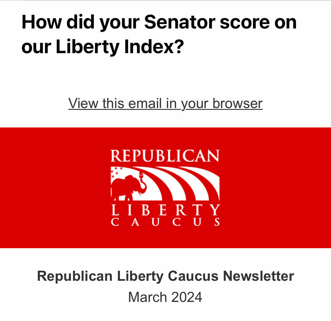 RLibertyCaucus's tweet photo. RLC Newsletter- March 2024

- Message from the Chairman
- How did your Senator score on our Liberty Index?
- Big endorsements in contested primaries

https://t.co/n6v7fFamuM https://t.co/0lOrMSeweN