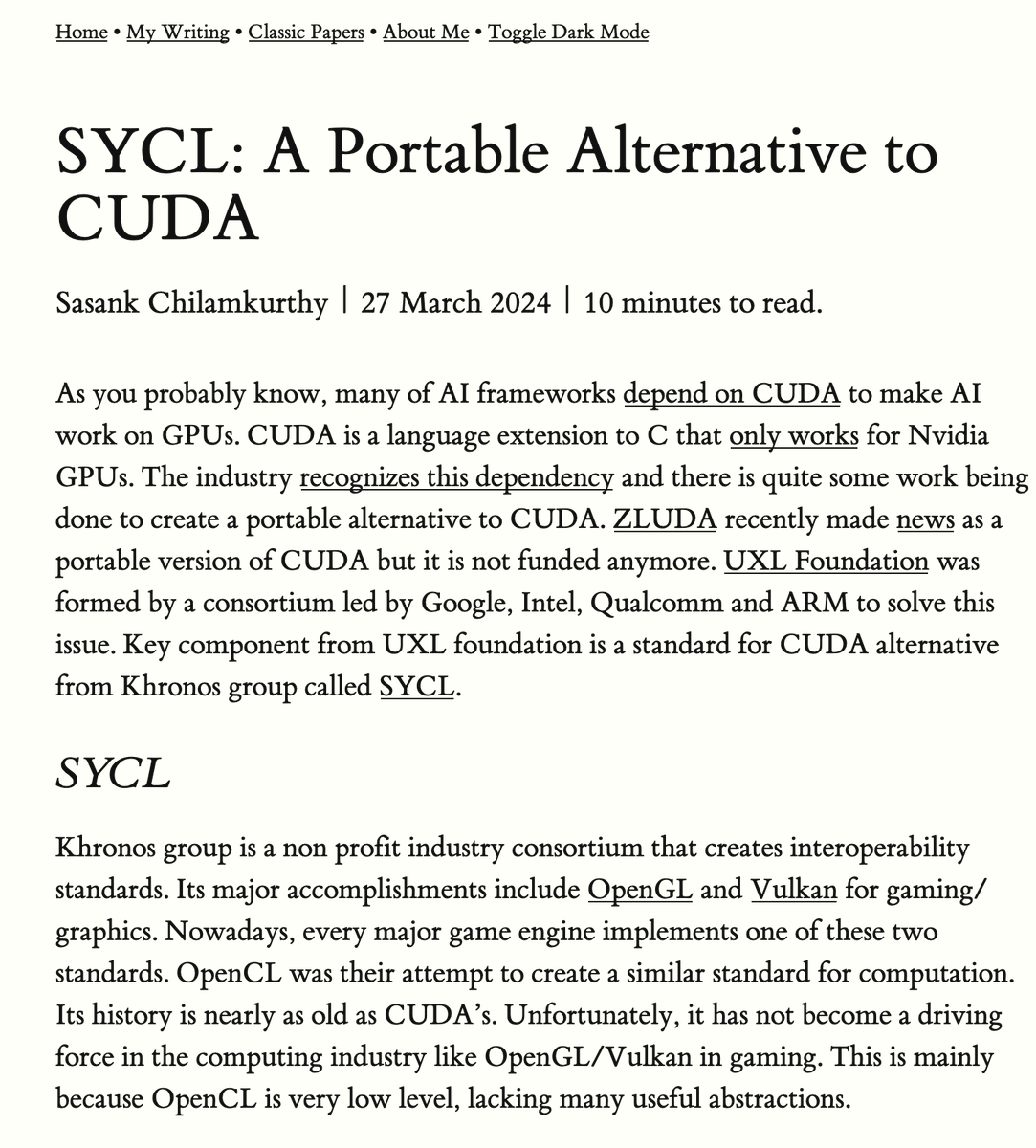 sasank51's tweet photo. Recently UXL foundation formed by @GoogleAI, @Samsung, @intel and @Qualcomm made big news. It was formed to break Nvidia's monopoly in AI hardware. Primary tool for this is SYCL standard. I built two implementations of SYCL from source. Check it out:

https://t.co/xSVf5fO82S https://t.co/RJbis2QMK4