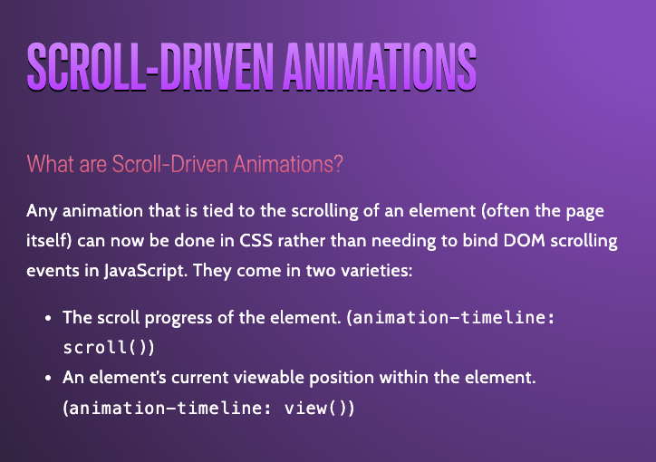 Adam Argyle (@argyleink) on Twitter photo #CSS by <a href="/chriscoyier/">Chris Coyier</a>
- Container Queries (Size & Styles)
- Container Units
- :has()
- View Transitions
- Nesting
- Scroll-Driven Animations
- Anchor Positioning
- Scoping
- Cascade Layers
- P3 Colors
- Color Mixing
- Margin Trim
- Text Wrapping
- Subgrid
frontendmasters.com/blog/what-you-… #CSS by <a href="/chriscoyier/">Chris Coyier</a>
- Container Queries (Size & Styles)
- Container Units
- :has()
- View Transitions
- Nesting
- Scroll-Driven Animations
- Anchor Positioning
- Scoping
- Cascade Layers
- P3 Colors
- Color Mixing
- Margin Trim
- Text Wrapping
- Subgrid
frontendmasters.com/blog/what-you-…