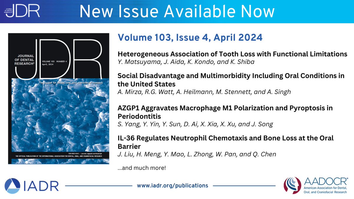 The April 2024 issue of Journal of Dental Research is now online! journals.sagepub.com/toc/JDR/current #dentalresearch #oralhealth