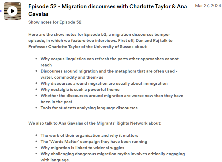 Really enjoyed this conversation on migration discourses with @EngLangBlog & Raj Rana for @LexisPodcast Here are some of the things we talked about (link below) #migration #MigrationDiscourses #CorpusLinguistics @scmrjems @SussexUniMAH 1/2