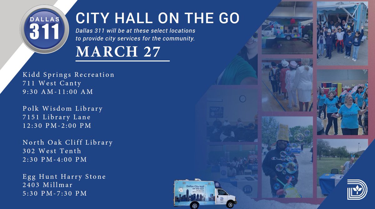 Please stop by the locations today, March 27, and let us help you with your request for the City of Dallas. #comunidadlatina #dallasisd #dallastexas #dallascityhall #dallaspubliclibrary #dallastx #dallas #cityofdallas #dallascommunity #DallasCity #dallasnews #dallascitycouncil