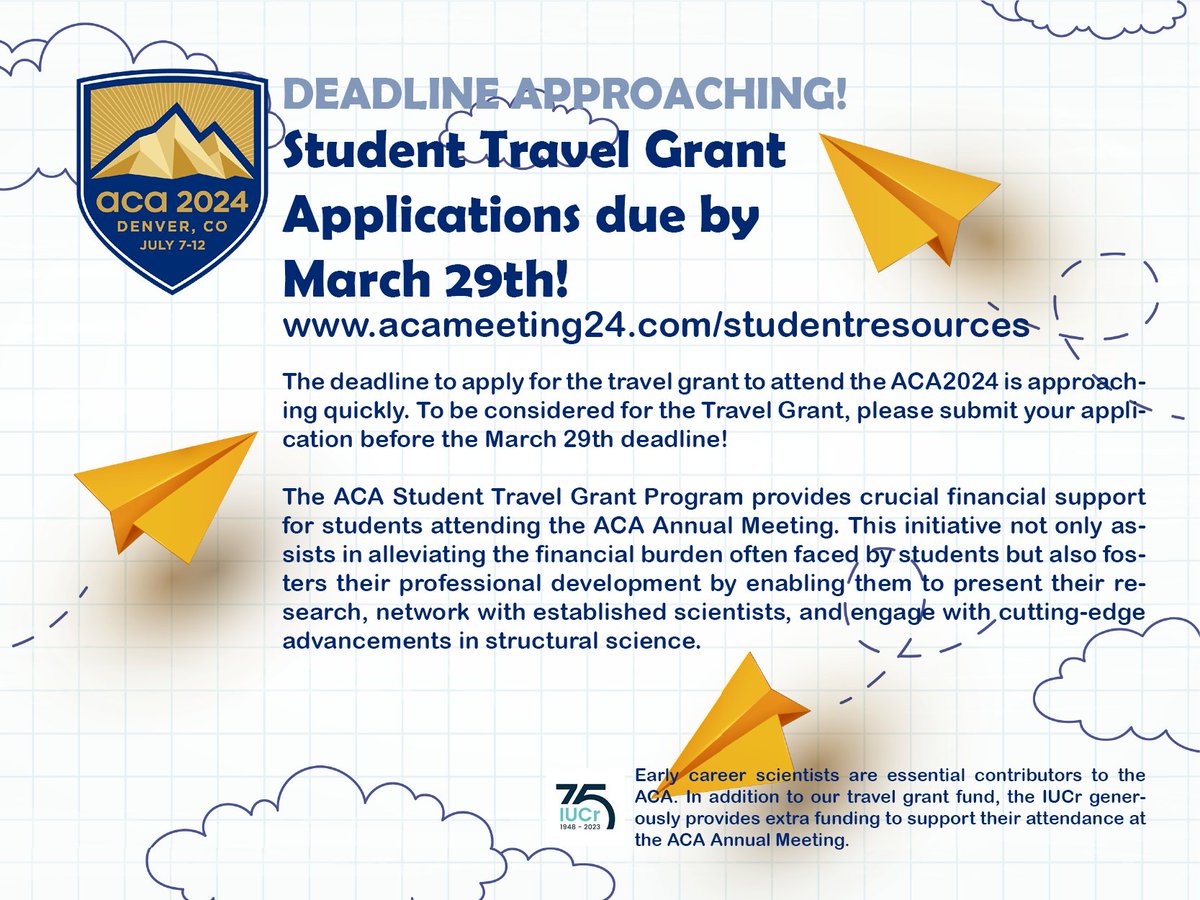 ACAxtal's tweet image. Attention all #structuralscience students! 📣 The deadline for applications for @acaxtal's Student Travel Grant is quickly approaching!  Make sure to submit your applications by Friday, March 29th, to be considered for this amazing opportunity! acameeting24.com/studentresourc…