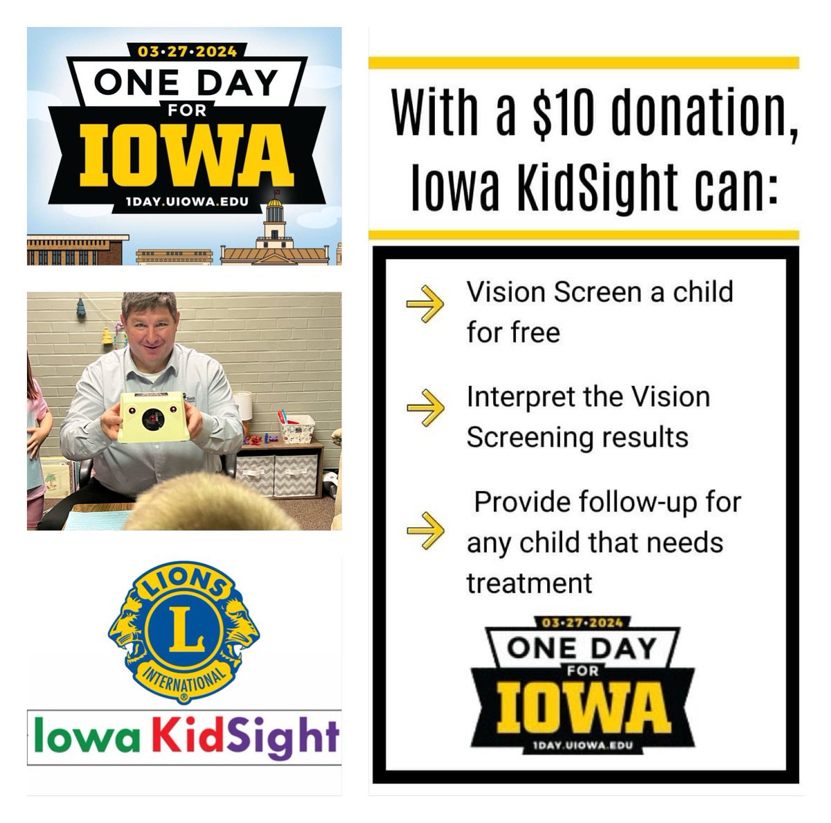 Many of you know I’m a 🌪️, but I’m also a vision screener for the Iowa KidSight program through my involvement with the Lions Club. Whether you bleed ❤️💛, 💜💛, 🖤💛 (or any other school color combo) #1DayforIowa  is a great way to support Iowa KidSight! 1dayforiowa.org/kidsight24