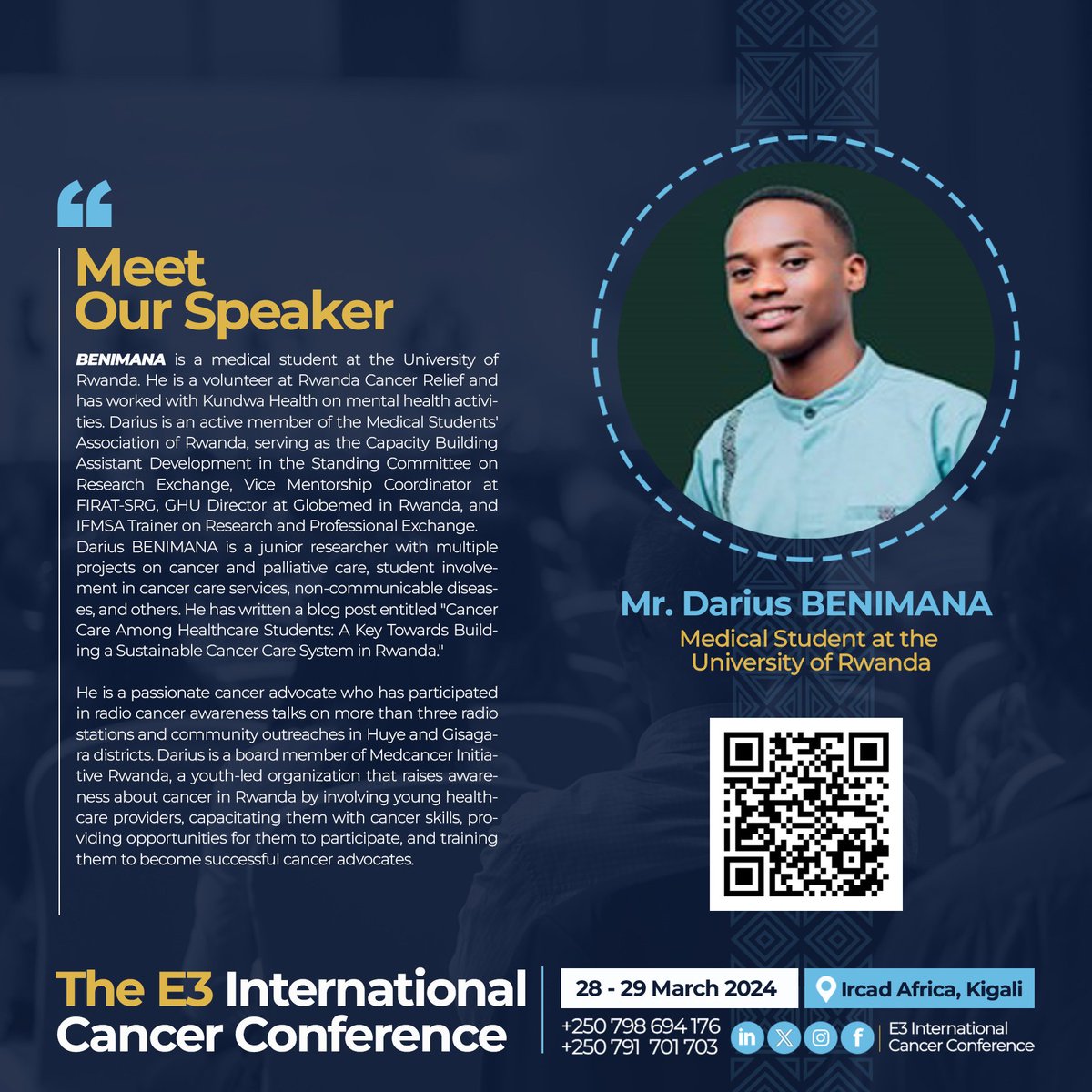 Meet Darius Benimana, a dedicated medical student at the University of Rwanda and a passionate advocate for cancer care. Join us at the E3 Conference to hear Darius share his insights on building a sustainable cancer care system in Rwanda. #E3Conference #CancerAdvocate #e3icc