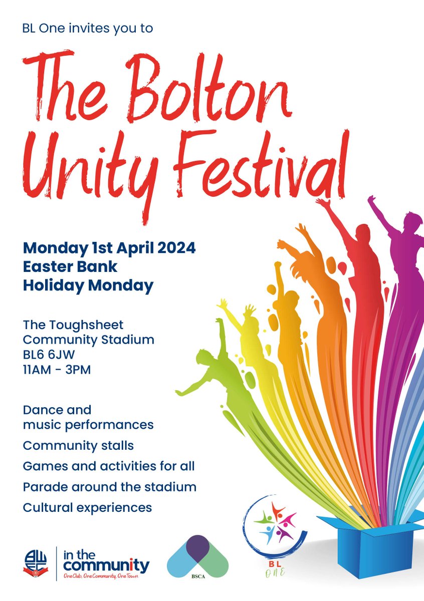 🐣 The Bolton Unity Festival returns to the Toughsheet Community Stadium this Easter! Join us Easter Monday in the Premier Suite for a parade, community stalls, games, dance and music performances!💃🎸 #BWitC | #BWFC