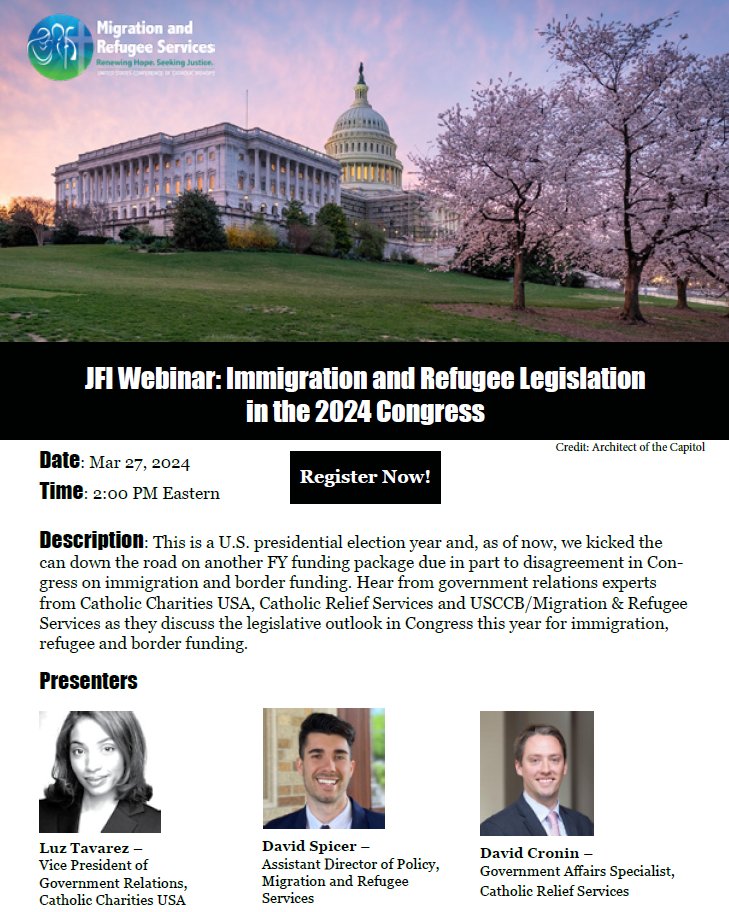 Join Catholic partners TODAY at 2 pm ET to learn more about the legislative outlook in Congress for immigration, refugee, and border-related legislation and funding. RSVP: usccb.zoom.us/webinar/regist…