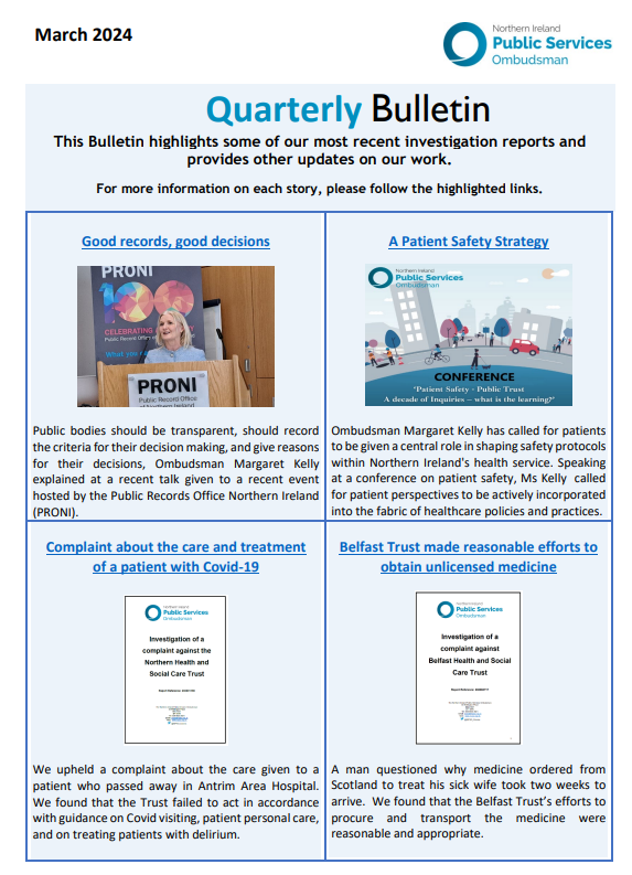 Our latest Bulletin provides handy summaries of our most recent work, and gives links to further information. Read about our patient safety conference, about two investigations into complaints about Health Trusts, and for tips on good record keeping: nipso.org.uk/nipso/latest/q…