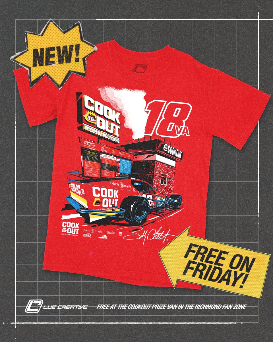 We have new Limited Edition @Bobby_Labonte Cook Out t-shirts and we are giving them away for 🚨 FREE 🚨to the first 600 fans who visit us at the Cook Out promo van in the Fan Zone at Richmond for the @NASCAR Whelen Modified Tour Race on FRIDAY ONLY!