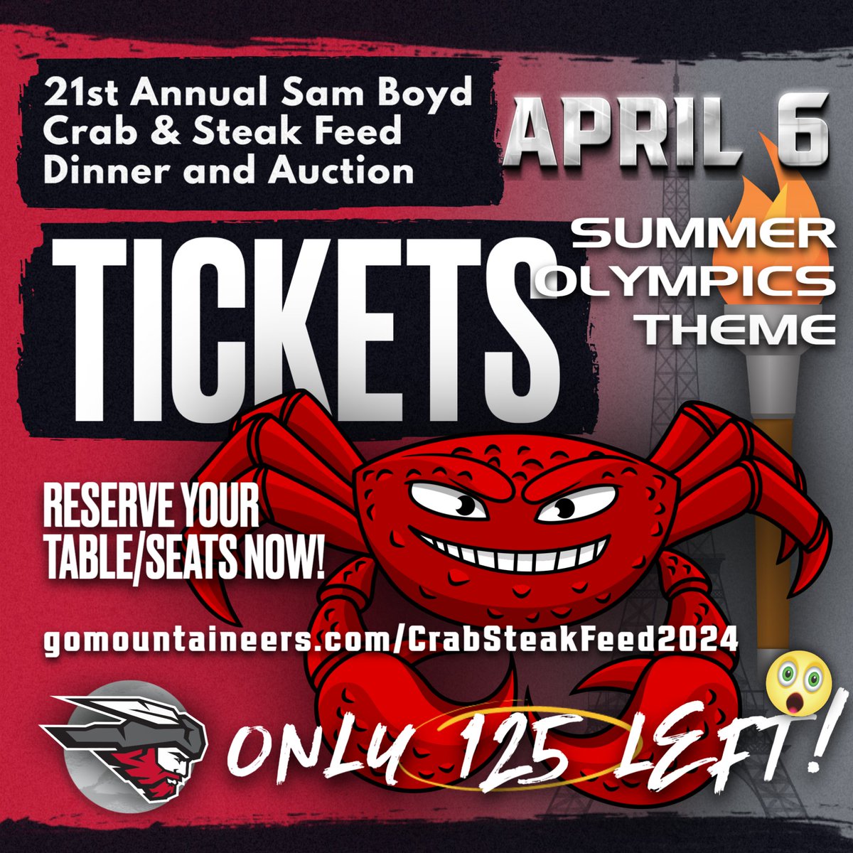 There's still time to get your tickets for the 2024 Crab & Steak Feed!! Follow the link at gomountaineers.com/CrabSteakFeed2… to reserve your spot!! #crabsteakfeed