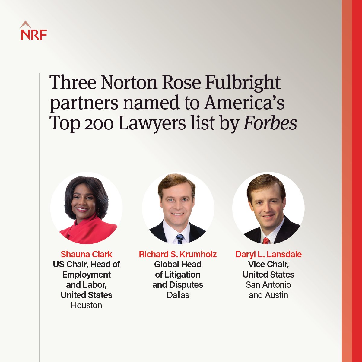 Congratulations to partners Shauna Clark, Richard Krumholz and Daryl Lansdale on being named to Forbes’ inaugural America’s Top 200 Lawyers list for 2024. ow.ly/lNVj50R3cS8