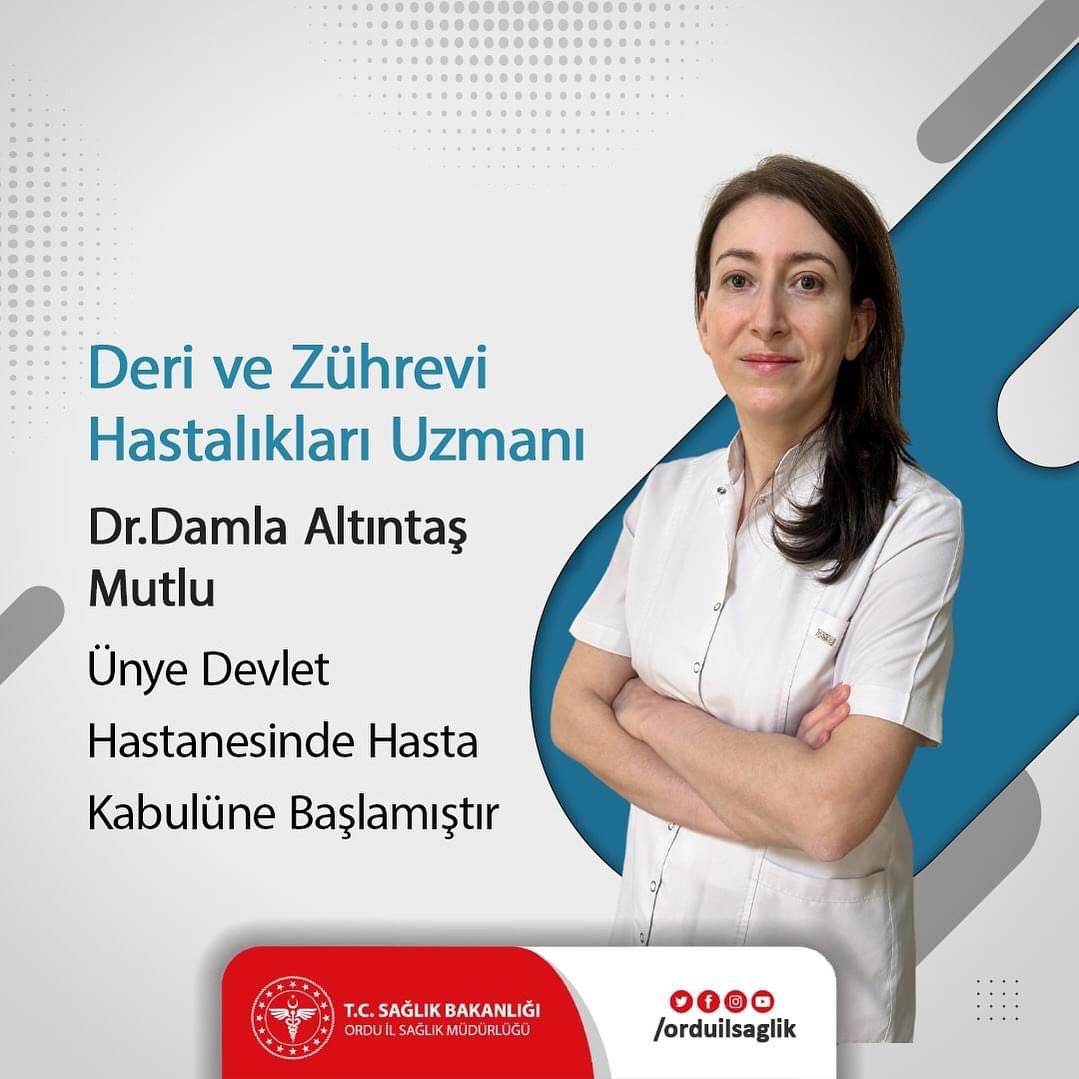 unyedevlet's tweet photo. Deri ve Zührevi Hastalıkları Uzmanı Dr. Damla Altıntaş Mutlu, Ünye Devlet Hastanesinde hasta kabulüne başlamıştır. https://t.co/a4PHMiDgPC