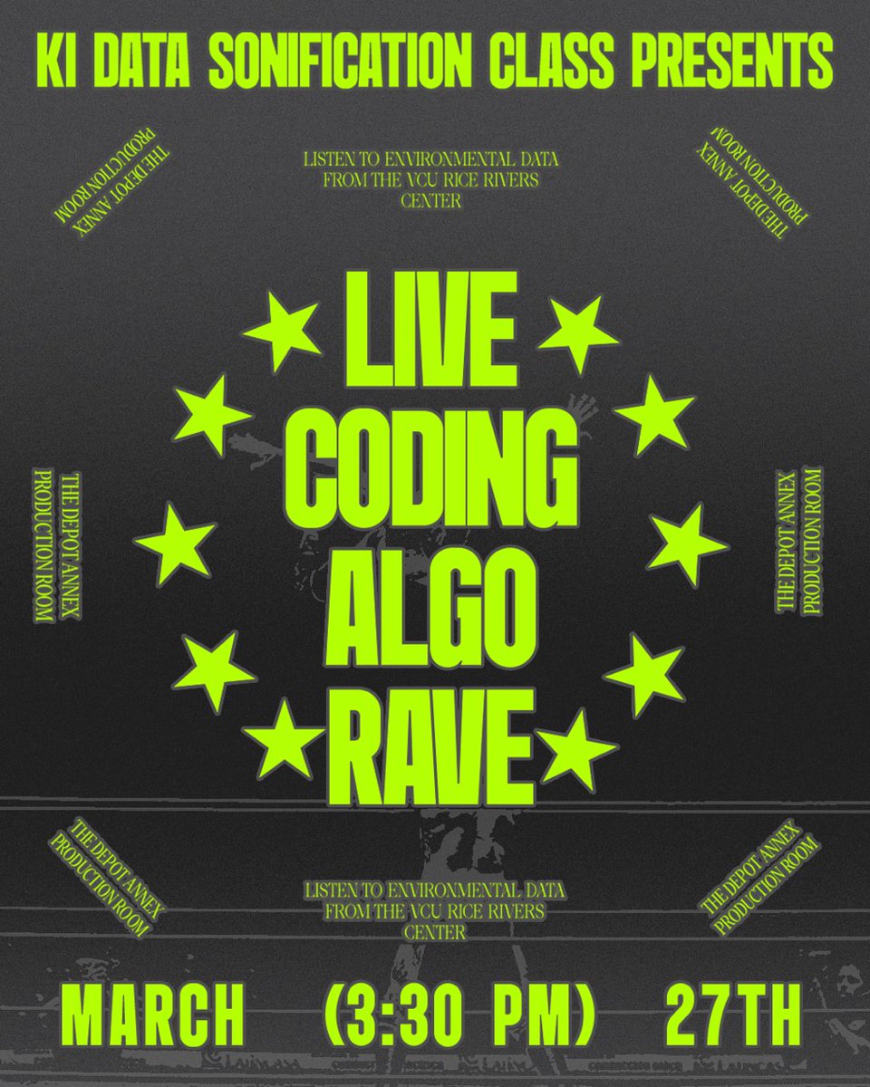 Today at 3:30 at the Depot Annex, @VCUarts Data Sonification class will be presenting a Live Coding Algorave. In collaboration with @VCU_Biology's Dr. Chris Gough, students will present live coded sound pieces based on environmental data from the center.